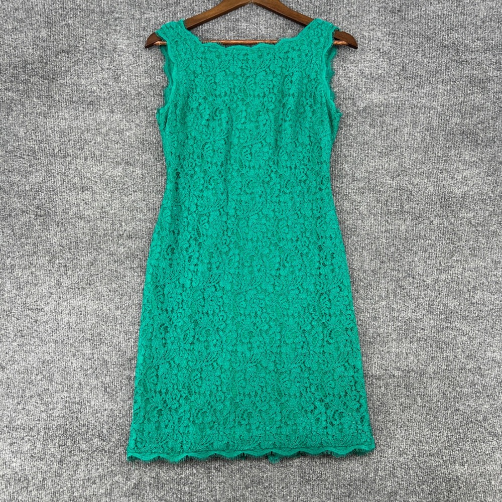 Adrianna Papell Lace Sheath Dress Womens 6 Green Sleeveless Scalloped Floral